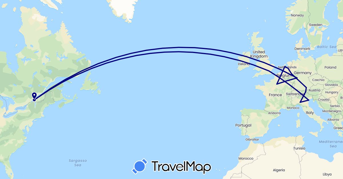 TravelMap itinerary: driving in Austria, Canada, Germany, France, United Kingdom, Italy, Netherlands (Europe, North America)